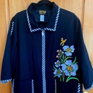 Bob Mackie Wearable Art Jacket 3/4 Sleeve Cotton Blend Embroidered Flowers 1X